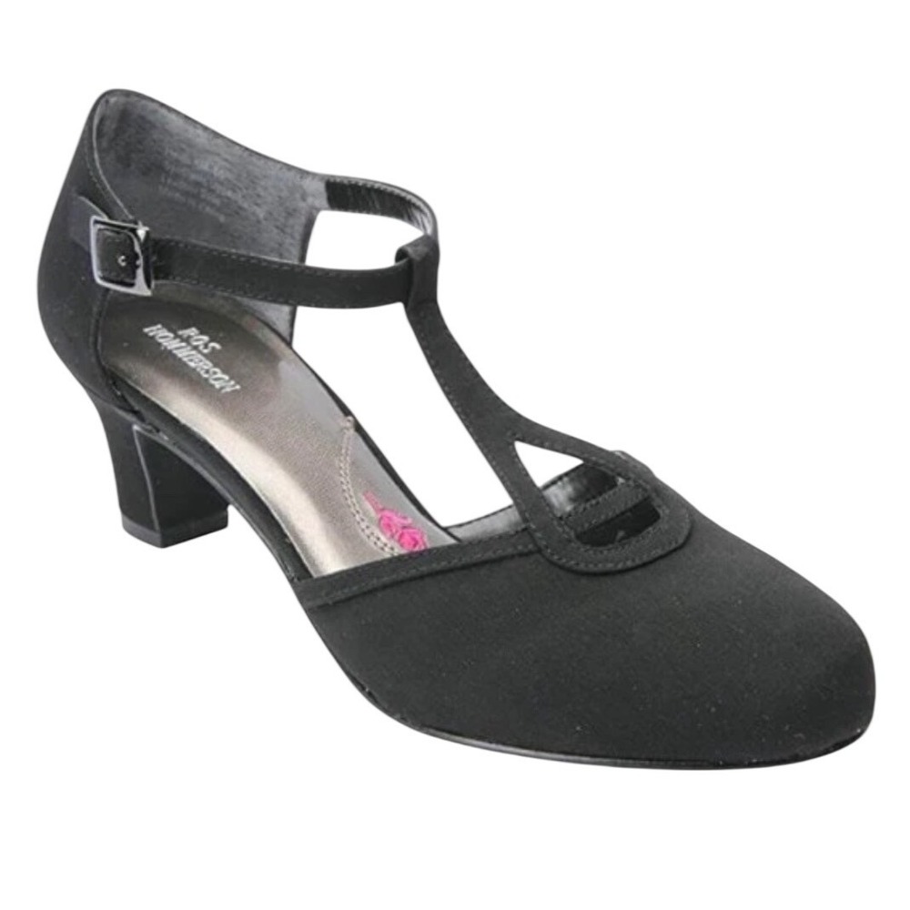 Ros Hommerson Heidi Black Leather T-Strap Low Block Heel Pumps Women's Size 10